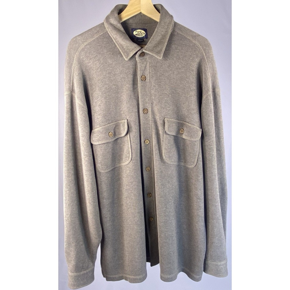 Tommy Bahama Shirt Jacket Mens L Gray Cotton‎ Ribbed Knit Button Up Shacket